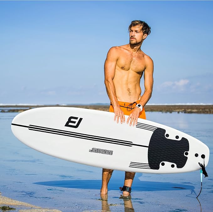 FLOWBOARD Surfboard Softboard Foam - Include (3) Fins 6’ Foot Leash and (2) Wood Stringers Inside Board Availalable in 6' and 7' Short Board and 8' Longboard