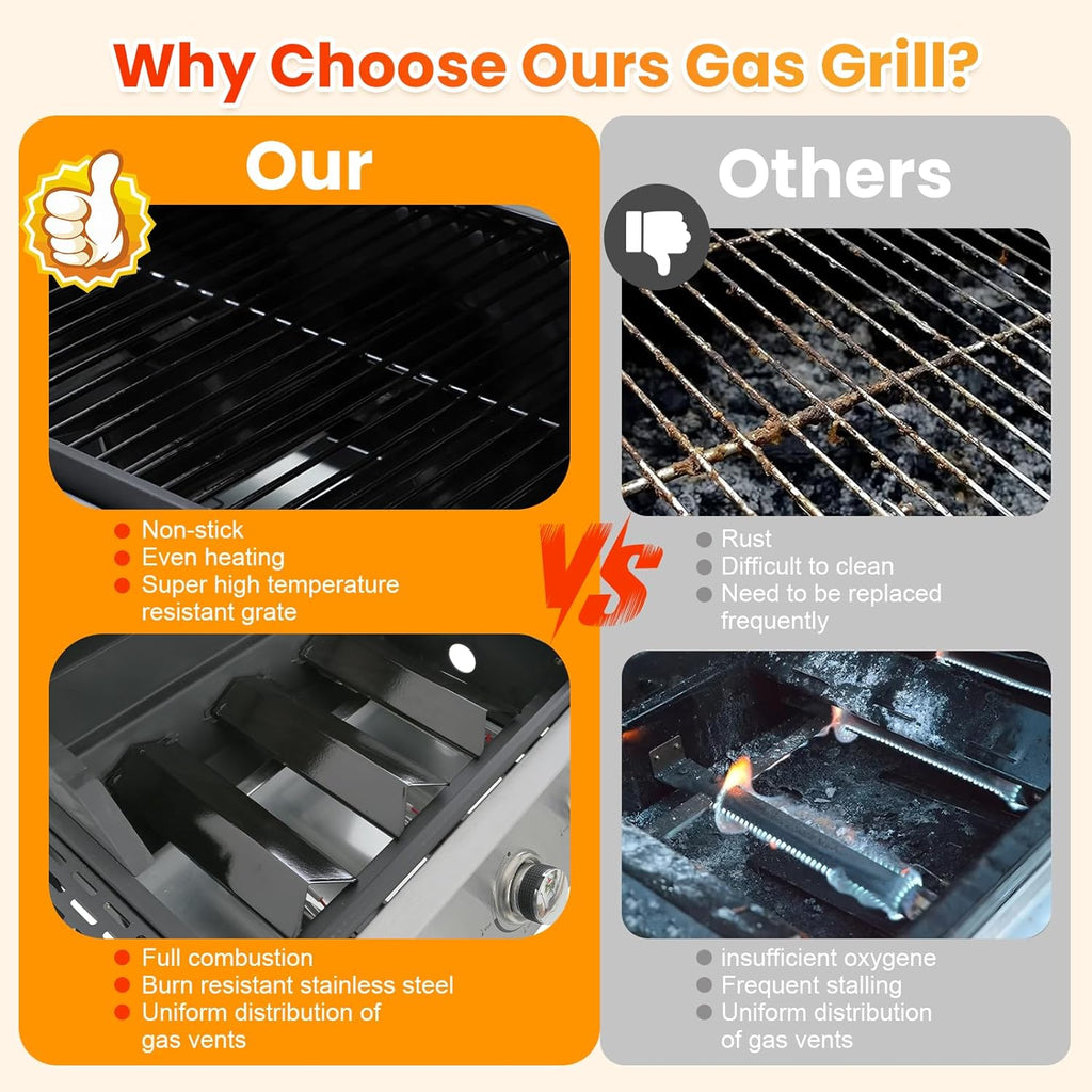 3 Burner Propane Gas BBQ Grill with Side Burner, Porcelain-Enameled Cast Iron Grates, Smoke Control Handle, 37,230 BTU Stainless Steel Grill for Outdoor Camping Barbecue Grilling Backyard Cooking