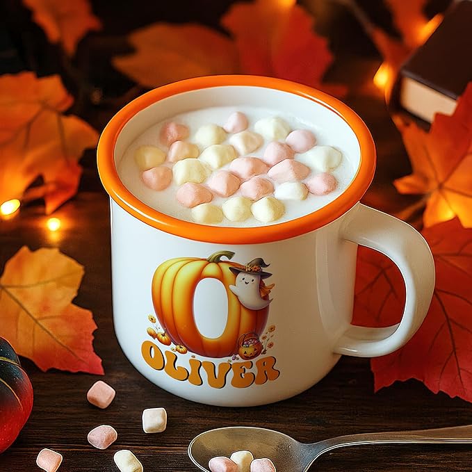 Personalized Halloween Enamel Mug with Ghost Pumpkin Initial, 12oz Custom Name on Ghost Coffee Mugs, Halloween Party Gift for Family