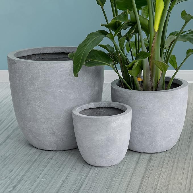 Kante 18",14",10" Dia Concrete Round Planters (Set of 3), Outdoor Indoor Large Planter Pots with Drainage Hole and Rubber Plug for Home Patio Garden, Gray