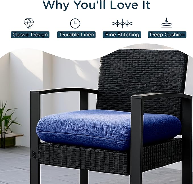 Codi Outdoor Cushions for Patio Furniture 24x24 Inch, Waterproof Chair Seat Cushion with Textured Fabric, Handles & Adjustable Straps, Fade Resistant - Set of 2, Navy Blue