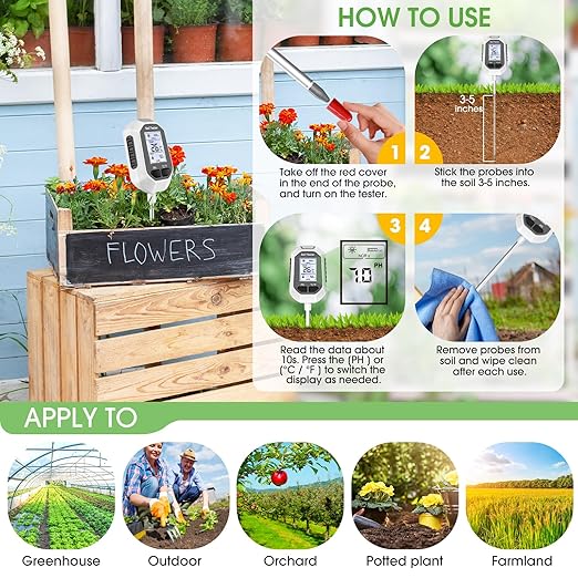 4-in-1 Soil Moisture Meter Digital Plant Temperature/Soil Moisture/PH Meter/Sunlight Intensity Backlight LCD Display Soil Test Meter for Gardening, Farming and Outdoor Plants