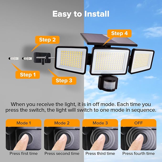 UME Solar Outdoor Lights 302 LED 3000LM, IP65 Waterproof Motion Sensor Outdoor Lights, 3 Heads Solar Security Flood Lights 270 Wide Lighting Angle with 3 Modes for Garden Patio Yard - 6 Pack