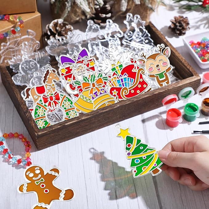30 Sets Suncatchers Window Art Kits, DIY Sun Catchers Bulk Crafts Paint Your Own Window Ornaments for Boys Girls Classroom Home Party Birthday Activity Decor(Christmas Style)