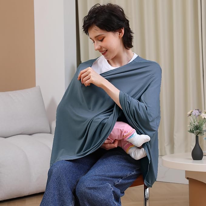 Nursing Cover for Breastfeeding, 360°Full Coverage Nursing Poncho, Rayon Soft & Breathable Breastfeeding Cover up (Smooth Rayon, Blue)