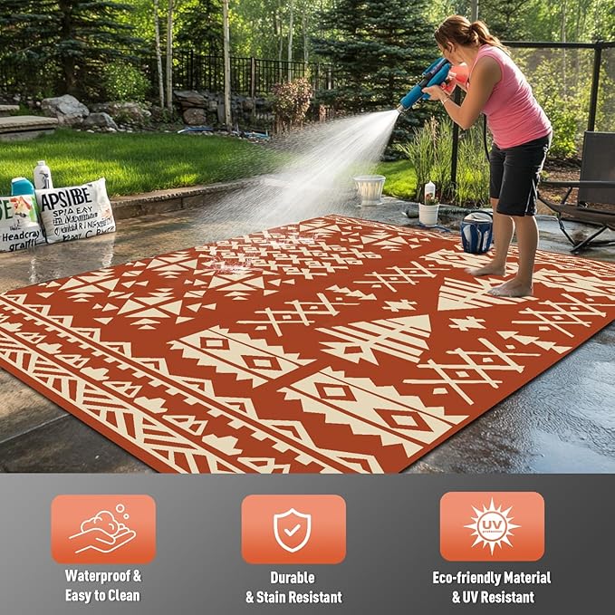 WILDROOTS 8x10 Feet Plastic Exotic Red Outdoor Rug, Stain Resistant Waterproof Reversible Outdoor Patio Rug, Fade Resistant Camping Rug