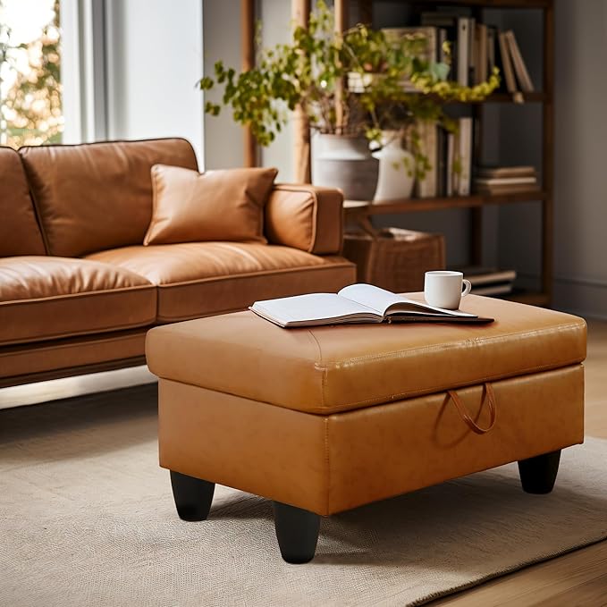 Ottoman Rectangular Storage Ottoman Bench, Faux Leather Footrest, Coffee Table, Stool Footstool with Hinged Lid for Living Room, Bedroom, Entryway, Orange, 28.5"x19"x17.5"