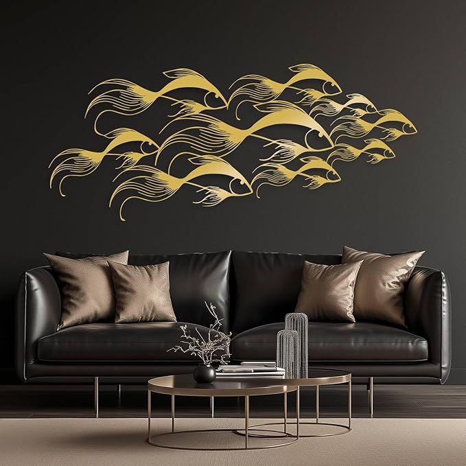 School of Fish Metal Wall Art, Metal Fish Wall Decor, Sea Life Wall Art, Large Nautical Wall Hanging, Modern Beach House Wall Decor, Ocean Themed Artwork for Bathroom (Silver, 30"x12" | 76x32cm)