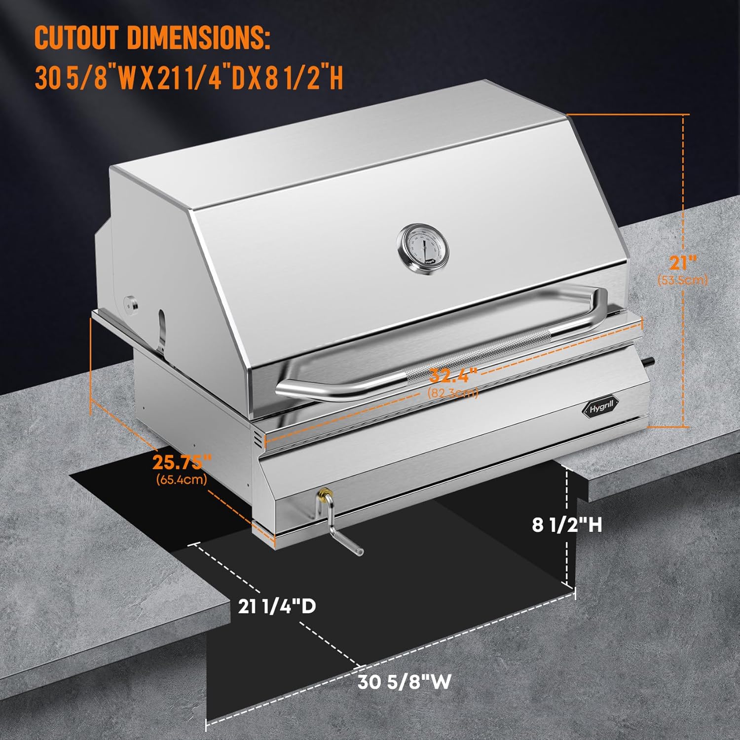 Hygrill Charcoal Grill Head for Outdoor Kitchen, 32-inch Stainless Steel Built-In Grill with Insulated Hood, Temperature Gauge and Fabric Cover