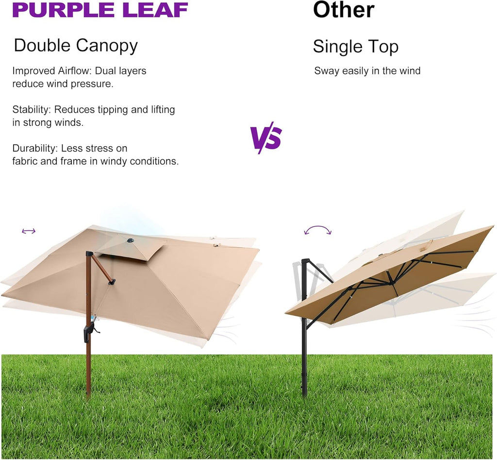 PURPLE LEAF 12ft Patio Umbrella Outdoor Square Umbrellas Large Cantilever Umbrella Windproof Offset Umbrellas Heavy Duty Sun Umbrella for Garden Deck Pool Patio, Beige