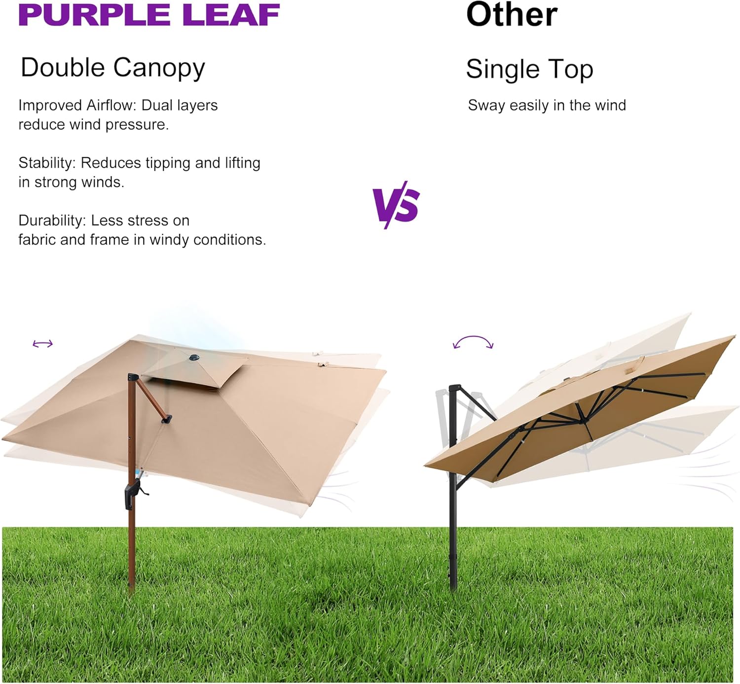 PURPLE LEAF 12ft Patio Umbrella Outdoor Square Umbrellas Large Cantilever Umbrella Windproof Offset Umbrellas Heavy Duty Sun Umbrella for Garden Deck Pool Patio, Beige