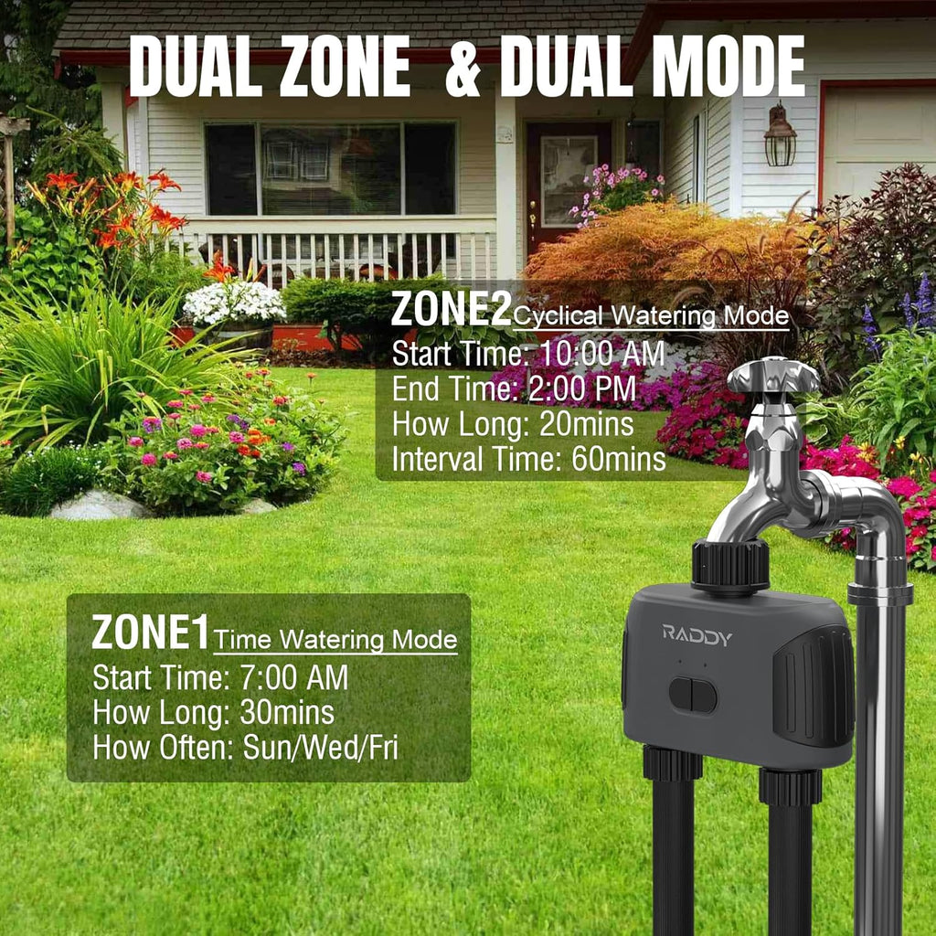 Raddy WS-3 WiFi Water Timer,2 Zones Sprinkler Timer for Garden Hose, Automatic Irrigation System with WiFi Hub, APP Control, Work with AWiFi Hub, Rain Delay for Lawns and Yard,2 Outlets