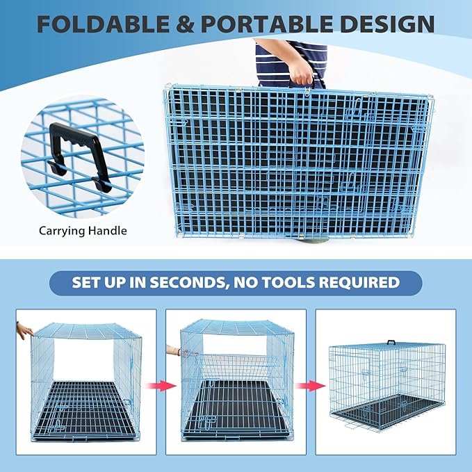 BestPet | Dog Crate | 42" | Blue | Foldable Metal Kennel with Double Doors, Secure Slide-Bolt Latches, Leakproof Tray | Portable Dog Cage for Large Breeds | for Travel, Indoor & Outdoor Use