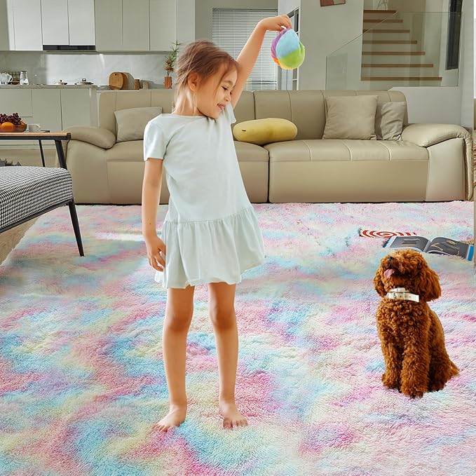 Ultra Soft Rug for Living Room, 4X6 Fluffy Shag Area Rug for Bedroom, Modern Shaggy Carpets Fuzzy Rug for Teens Dorm Nursery Home Decor Aesthetic, Upgrade Anti-Skid Durable, Rainbow