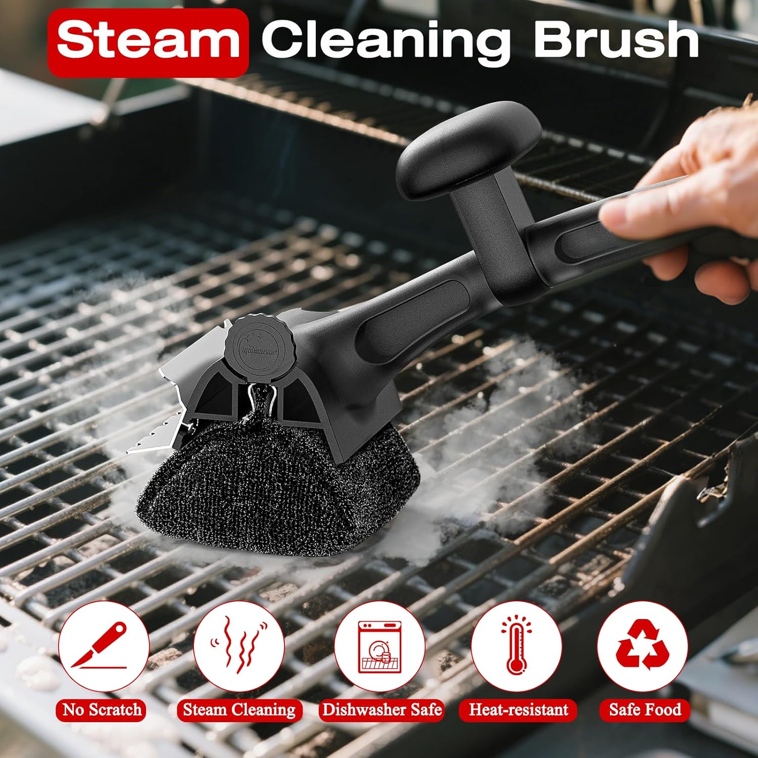 Grill Brush for Outdoor BBQ - Replaceable Bristle Free Heading + Reinforced Scraper - Safe BBQ Accessories for Porcelain/Gas/Charcoal/Smoker/Cast Iron Grill - Cleaning Brush(Black)