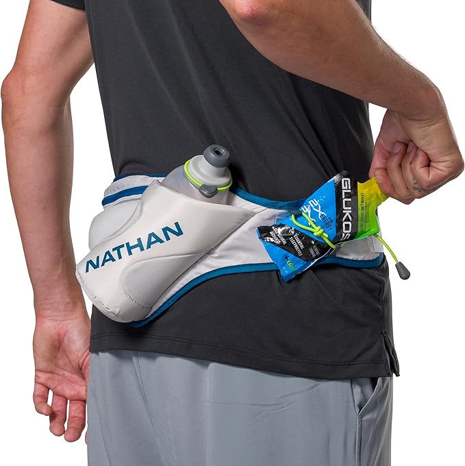 Nathan Peak Running Hydration Waist Pack Belt w/ Speed Draw Flask Water Bottle, 18oz/535 ml Push/Pull Race Cap, Expandable Zippered Stretch Pocket