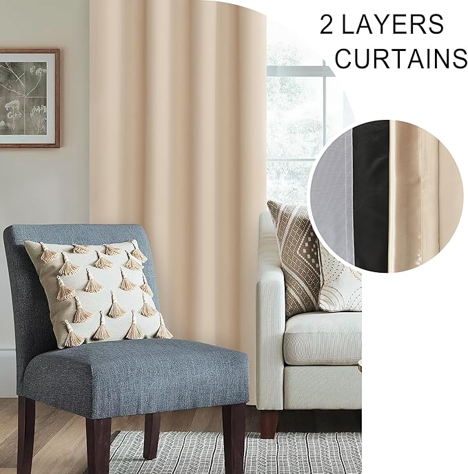 XWZO 100% Blackout Curtains, Double Layer Full Room Darkening and Energy Efficiency Rod Pocket Window Panels with Tiebacks for Living Room, Biscotti Beige, W52 x L95, Set of 2 Drape Panels