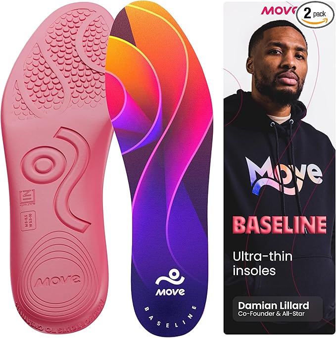 MOVE Baseline - All-Purpose Insoles - Sock Liner - Ultra Thin Shock Absorption - Maximum Freedom of Movement and Energy Return for Cleats, Shoes, Running, Basketball, Baseball (M8-8.5/WM9.5-10)