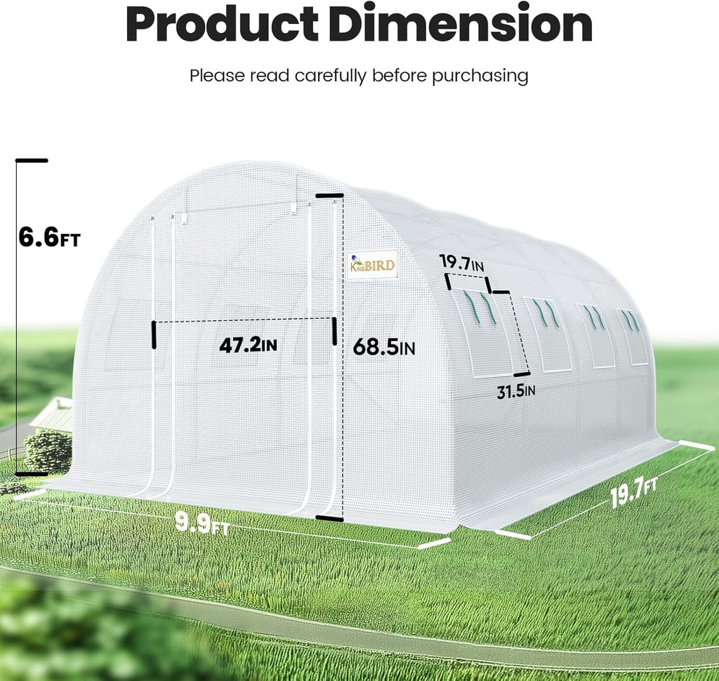 KING BIRD Premium 20x10x6.6FT Greenhouse for Outdoors, Large Walk-in Heavy Duty Galvanized Steel Frame, Mesh Door Screen Window Upgraded Zipper Tunnel Hoop for Garden Plant Winter, White