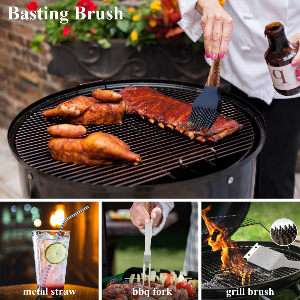 ROMANTICIST 25pcs Extra Thick BBQ Grill Accessories, Fathers Day Grilling Gifts Set for Men Dad, Heavy Duty Grill Tools Utensils Kit with Spatula, Tongs in Aluminum Case for Birthday Brown