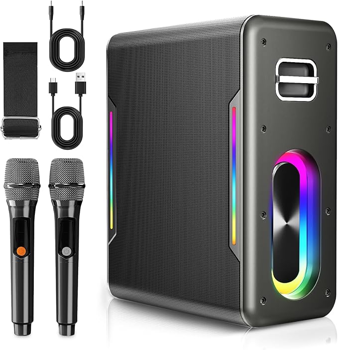 Karaoke Machine with 2 Wireless Microphones Portable Bluetooth Karaoke Machine for Adults Kids DSP Chip Karaoke Speaker with LED Lights Supports TWS TF Card USB AUX in