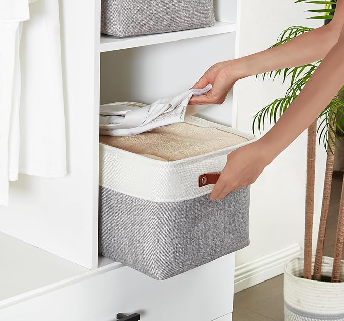 DECOMOMO Storage Bins Fabric Storage Baskets for Shelves, Linen Closet Organization Toys Nursery (Grey and White, Large - 1 Pack)