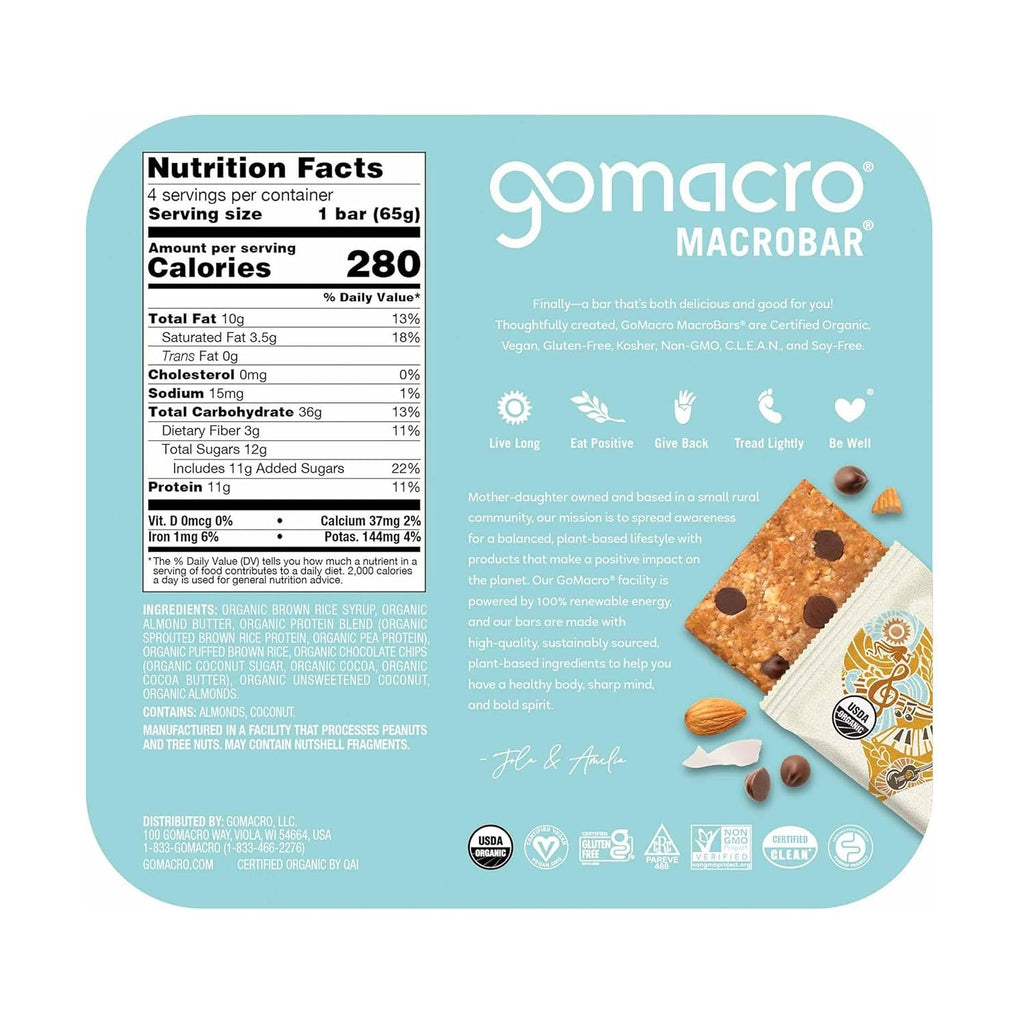 GoMacro Organic MacroBar, Coconut + Chocolate Chip + Almond Butter, 2.3 oz, 4-Bar Box, Case of 7