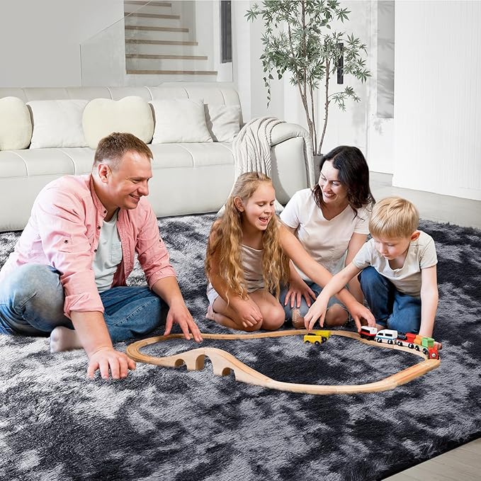 Ultra Soft Rug for Living Room, 9X12 Fluffy Shag Area Rug for Bedroom, Modern Shaggy Carpets Fuzzy Rug for Teens Dorm Nursery Home Decor Aesthetic, Upgrade Anti-Skid Durable, Tie Dye Black and Grey