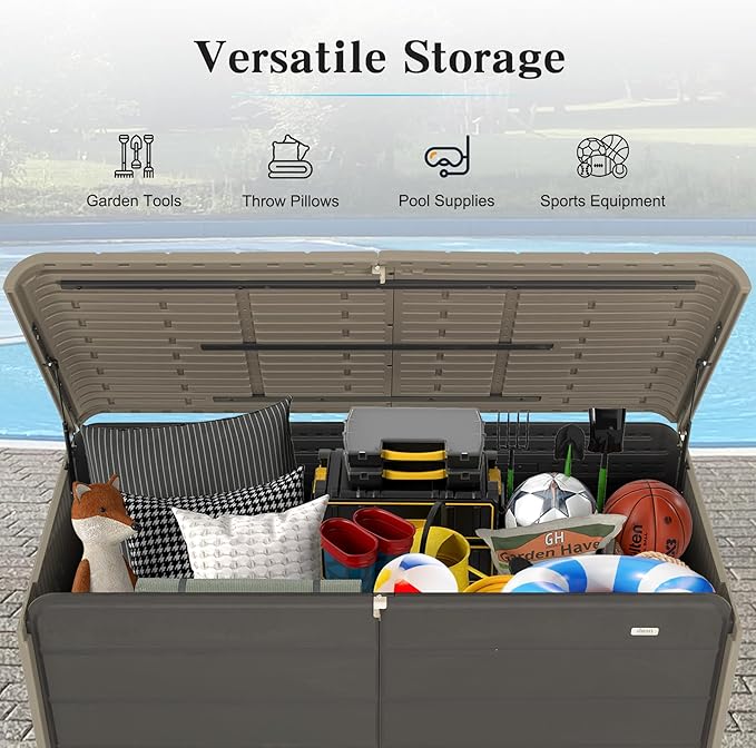 Domi 260 Gallon Resin Deck Box, Waterproof & UV-Resistant Outdoor Large Storage Box Lockable Storage Bin for Patio Cushions Pool Supplies Garden Tools and Delivery Storage