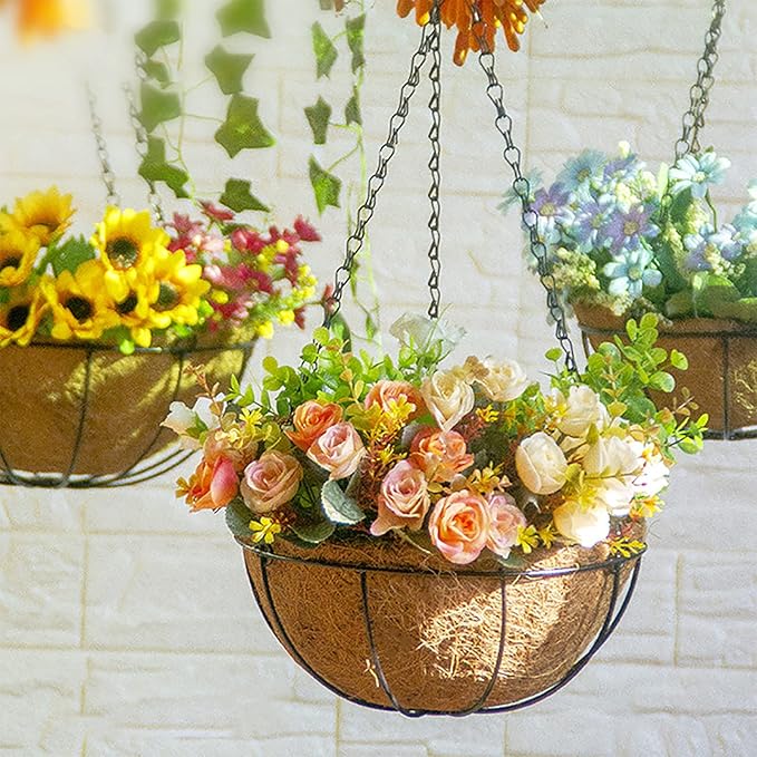 4 Pack Hanging Planter Basket Outdoor Large Hanging Flower Pots Indoor 12 inch with Coco Coir Liner Round Wire Plant Holder Chain Hanging Basket Garden for Home Decor Balcony Office1
