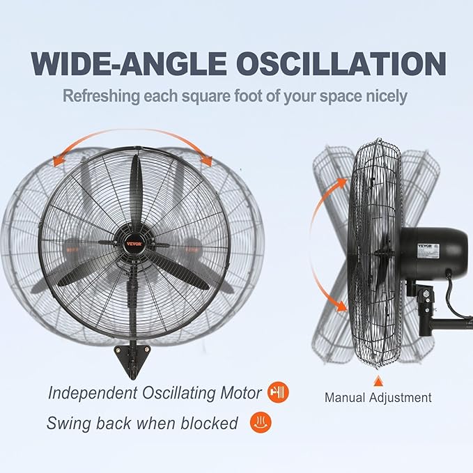 VEVOR 24 Inch 3-Speed 7000 CFM Black Waterproof Wall Mount Oscillating Fan