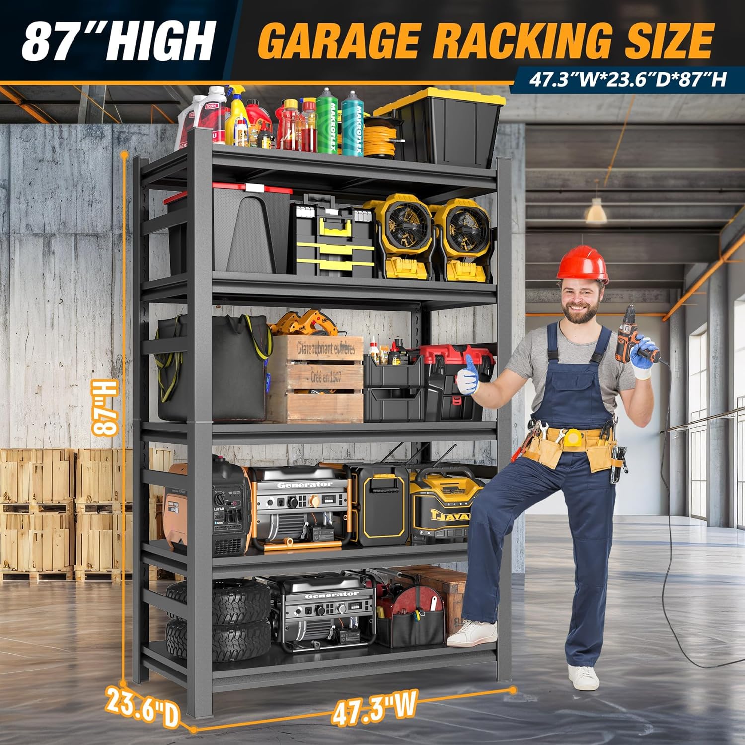 Heavy Duty Commercial Metal Garage Shelving Rack,Adjustable Industrial Steel Storage Shelves for Warehouse, Garage, Basement, 87" H x 47.2" W x 23.6" D, Black