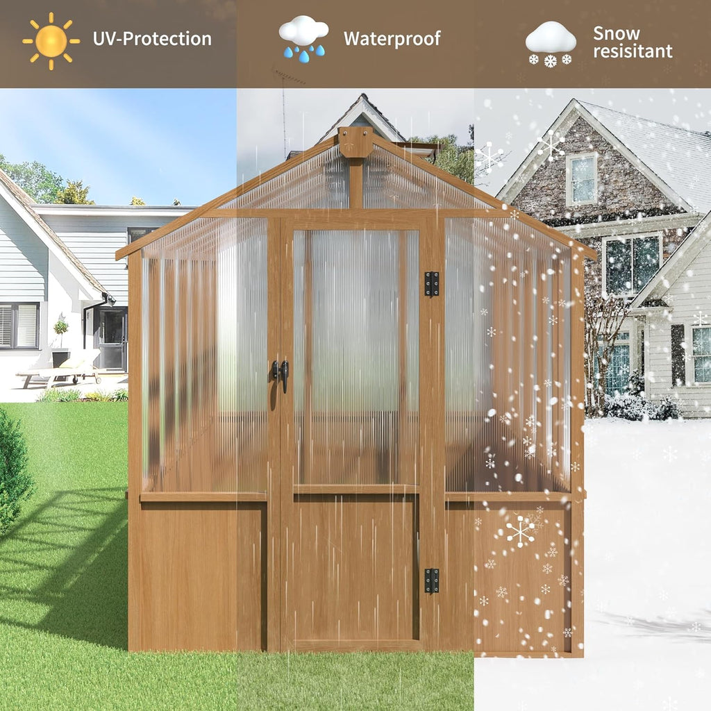 6x12 FT Wooden Greenhouse for Outdoors, Walk-in Greenhouse with 6MM Thick Polycarbonate Panel and Adjustable Roof Vents, Garden Backyard, Wood Colour