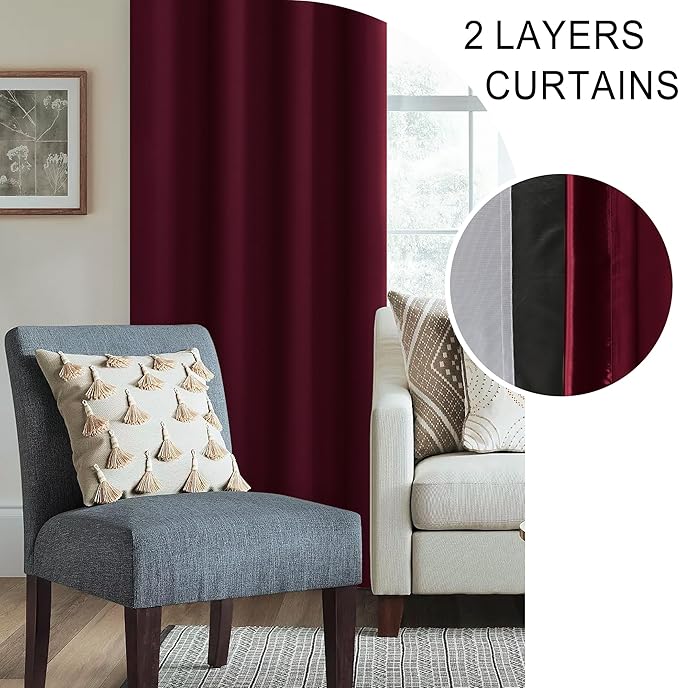 XWZO 100% Blackout Curtain Panels- Rod Pocket Thermal Insulated Black Liner Curtains, Noise Reducing and Heat Blocking Drapes for Hall and Studio Windows with Tiebacks, Burgundy, W70 x L84, Set of 2