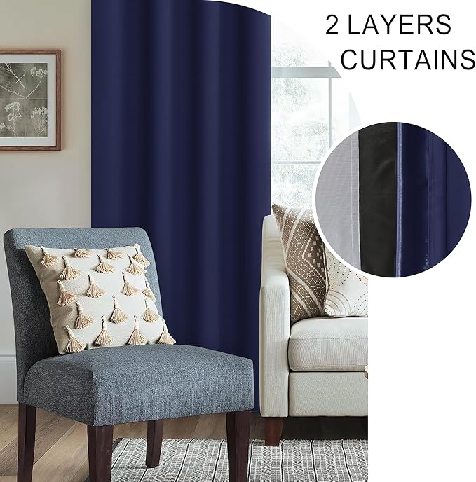 XWZO 100% Blackout Curtains 84 Inches Long with Tiebacks- Rod Pocket Noise Blocking & Energy Efficiency Window Draperies with Black Liner for Bedroom/Living Room, Navy Blue, W60 x L84, Set of 2