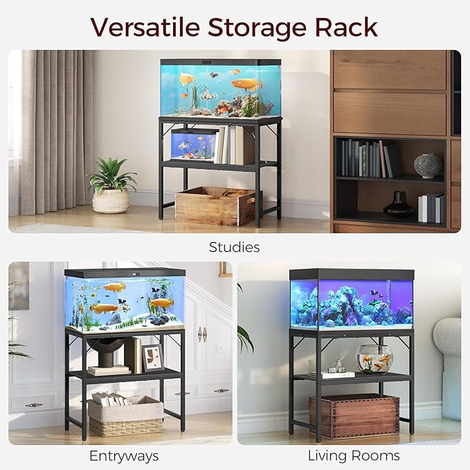 30 Gallon Fish Tank Stand, Aquarium Stand with 2-Tier Storage Shelves, Heavy Duty Breeder Turtle Terrarium Stand Rack for Home Office, 30.0" L x 11.8" W x 24.4" H, Black FTBK3001