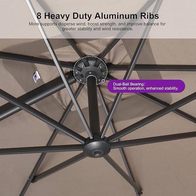 PURPLE LEAF 8 FT Cantilever Patio Umbrella Outdoor Aluminum Offset Square Umbrella with 3 Years Fade Resistance Recycled Fabric and 360-degree Rotation for Deck Pool Garden, Ash Mocha