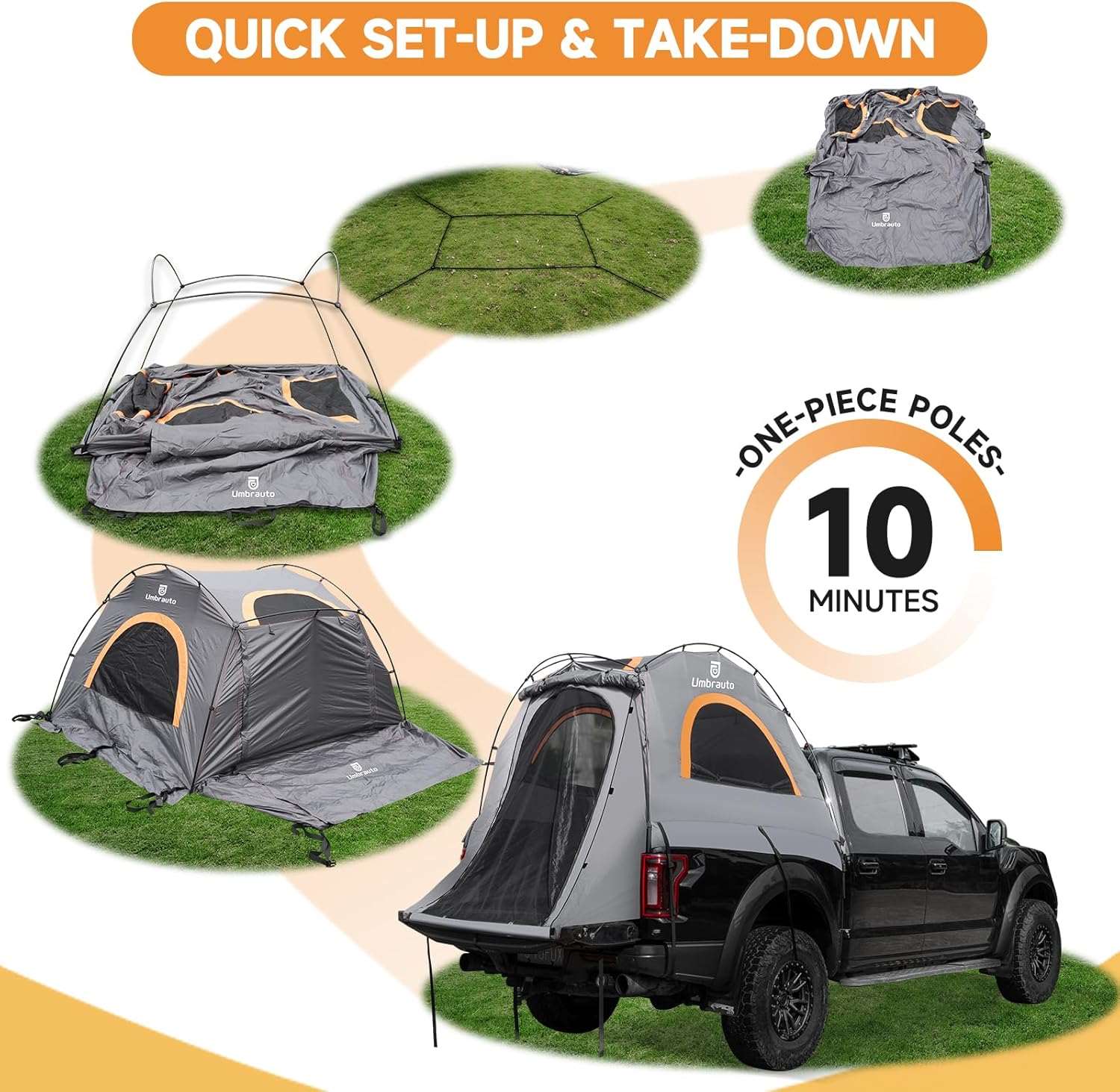 Umbrauto 6.4-6.7FT Truck Bed Tent for 2 Person | 10-Min Quick Setup Waterproof PU3000 Camping Tent for Pickup Trucks