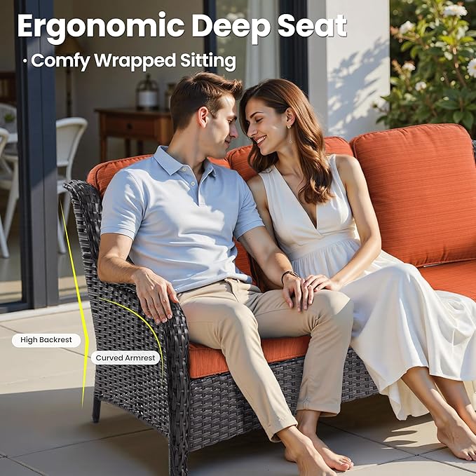 ovios 6 Pieces Patio Furniture Set with 42" Fire Pit Table, Outdoor Wicker Sofa with Ottomans, Comfy Cushions, High Back Couch Conversation Set, Brown Rattan, Orange Red