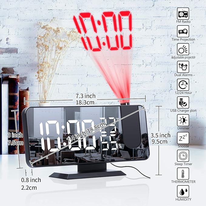 Projection Alarm Clock for Bedrooms Ceiling, Digital Clock Radio with USB Charger Port, Temperature & Humidity Display, 7.3” Large LED Display,12/24H,Snooze,Dual Loud Clock- 4 Dimmer