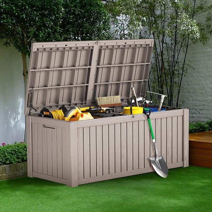 180 Gallon Resin Deck Box, Waterproof Outdoor Storage Bin for Patio Furniture, Pool Accessories, and Garden Tools, Lockable & UV-Resistant, Grey