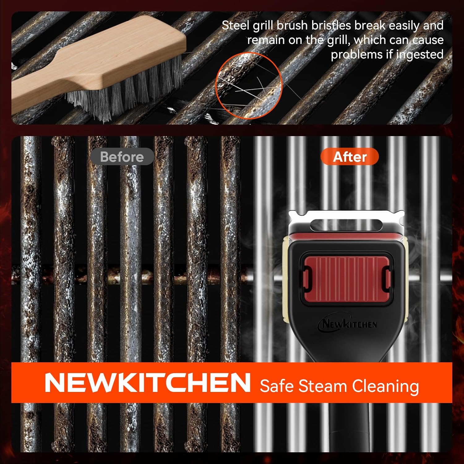 Grill Brush Bristle-Free Steam Cleaning, BBQ Brush Replaceable Heat-Resistant Kevlar Head with Grill Scraper Safe Barbecue Grill Cleaner