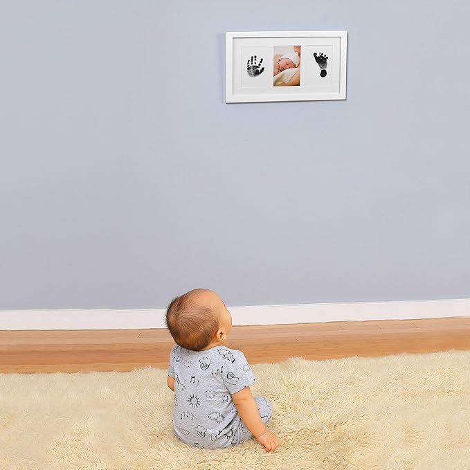 Green Pollywog Baby Handprint and Footprint Kit | Elegant White Frame with Inkless, Non-Toxic Pad | Newborn Keepsake for Baby or Dog Paw Prints