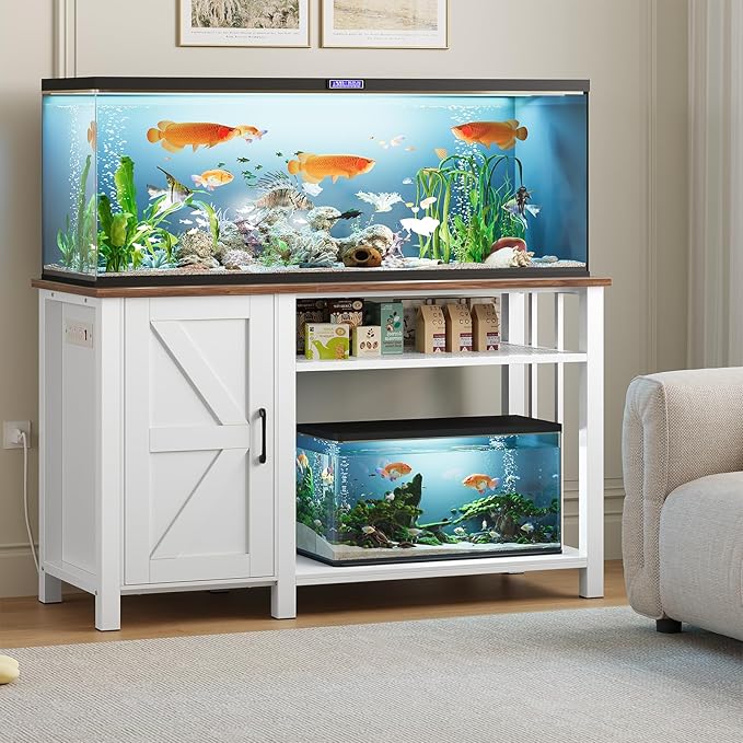 55-75 Gallon Aquarium Stand with Power Outlet, Heavy Duty Fish Tank Stand with Cabinet Storage & Adjustable Shelf, for Fish Tank, Turtle Tank, Reptile Terrarium, 1000LBS Capacity, White