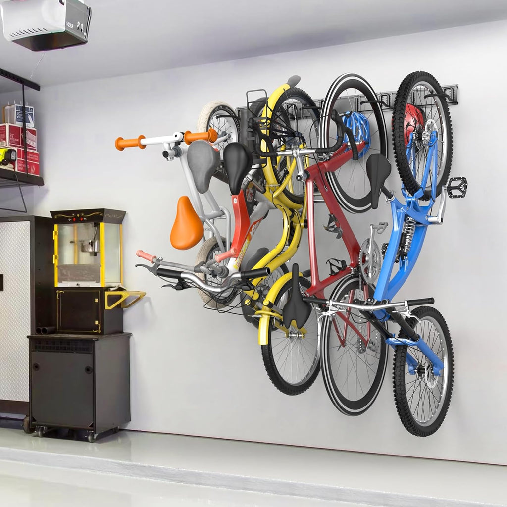 TORACK Wall Mounted Bike Storage Rack, Vertical Bikes Storage for Garage 5 Bikes Hangers for Wall, Modular Bicycle Storage Rack(3 Rails, 8 Hooks)