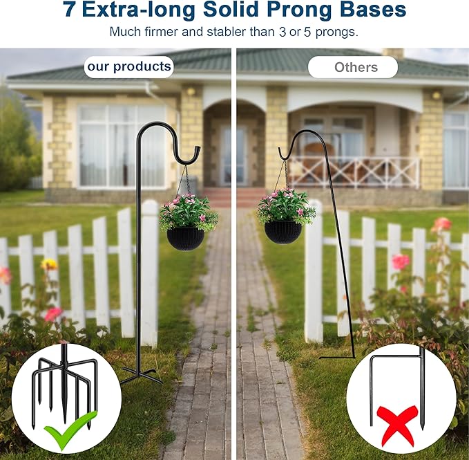 60" Shephards Hook for Outdoor, Heavy Duty Bird Feeder Pole with 7 Base Prongs, Adjustable Shepherds Hook for Hanging Bird Feeder, Solar Light Lanterns, Garden Plant Hanger Stands,2 Packs