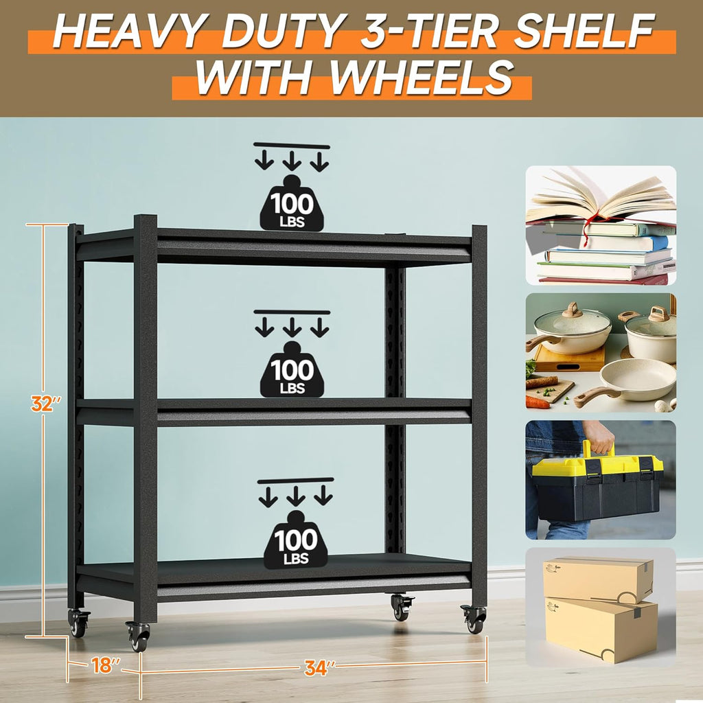 Workbench on Wheels, Adjustable Heavy Duty Work Table with Wheels, Heavy Duty Workstation, Metal Tool Work Bench for Garage Warehouse Workshop, 32" H x 18" D x 34" W