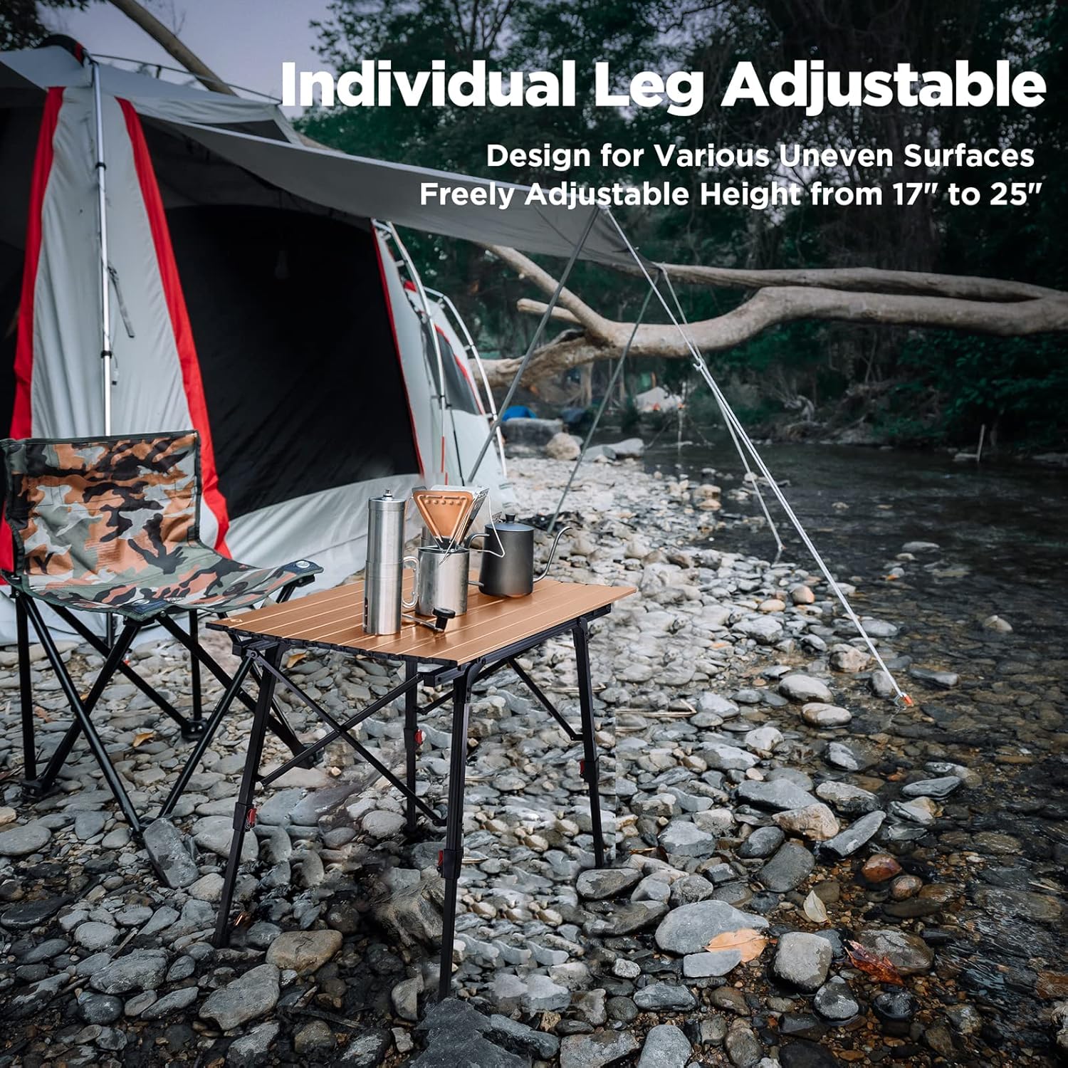 VILLEY Portable Camping Table with Adjustable Legs, Lightweight Aluminum Folding Beach Table with Carrying Bag for Outdoor Cooking, Picnic, Beach, Backyards, BBQ and Party