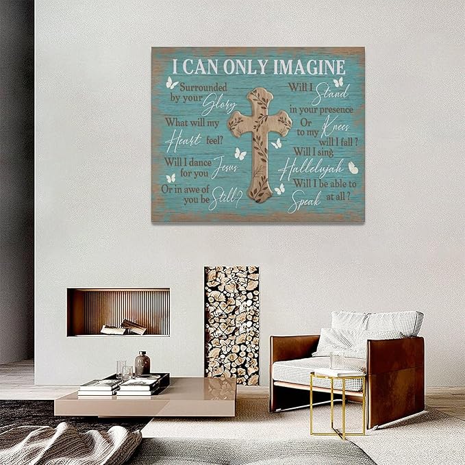 Rustic Christian Cross Wall Art I Can Only Imagine Pictures Farmhouse Butterfly Wall Decor Teal Motivational Canvas Print Painting Artwork for Bathroom Living Room Bedroom 16"x20"