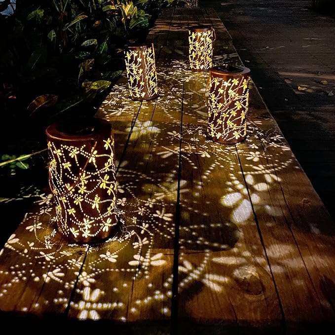 4 Pack Solar Lanterns Outdoor Hanging Lantern Lights, Dragonfly Hollowed-Out Metal Decor Lantern, Waterproof LED Decorative Garden Light - Delicate Garden Decoration for Patio, Yard